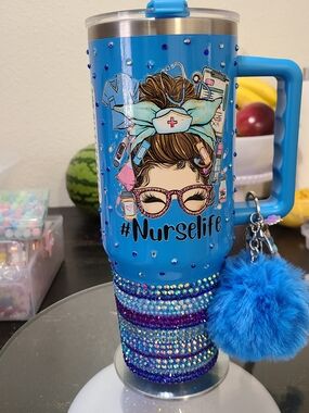 #Nurselife Blue Tumbler with Pom Pom And Diy Charms